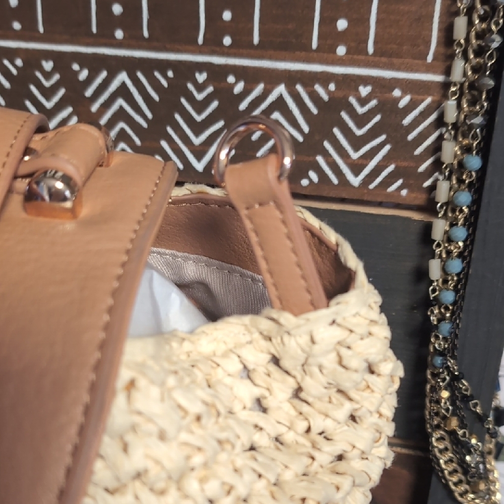 Top Handle Woven Backpack In Camel & Cashew With Rose Gold Details By LC - Picture 5 of 15